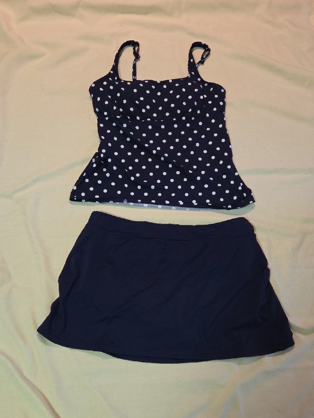 Lands' End Navy Polka Dot Tankini Top with Navy Swim Skirt